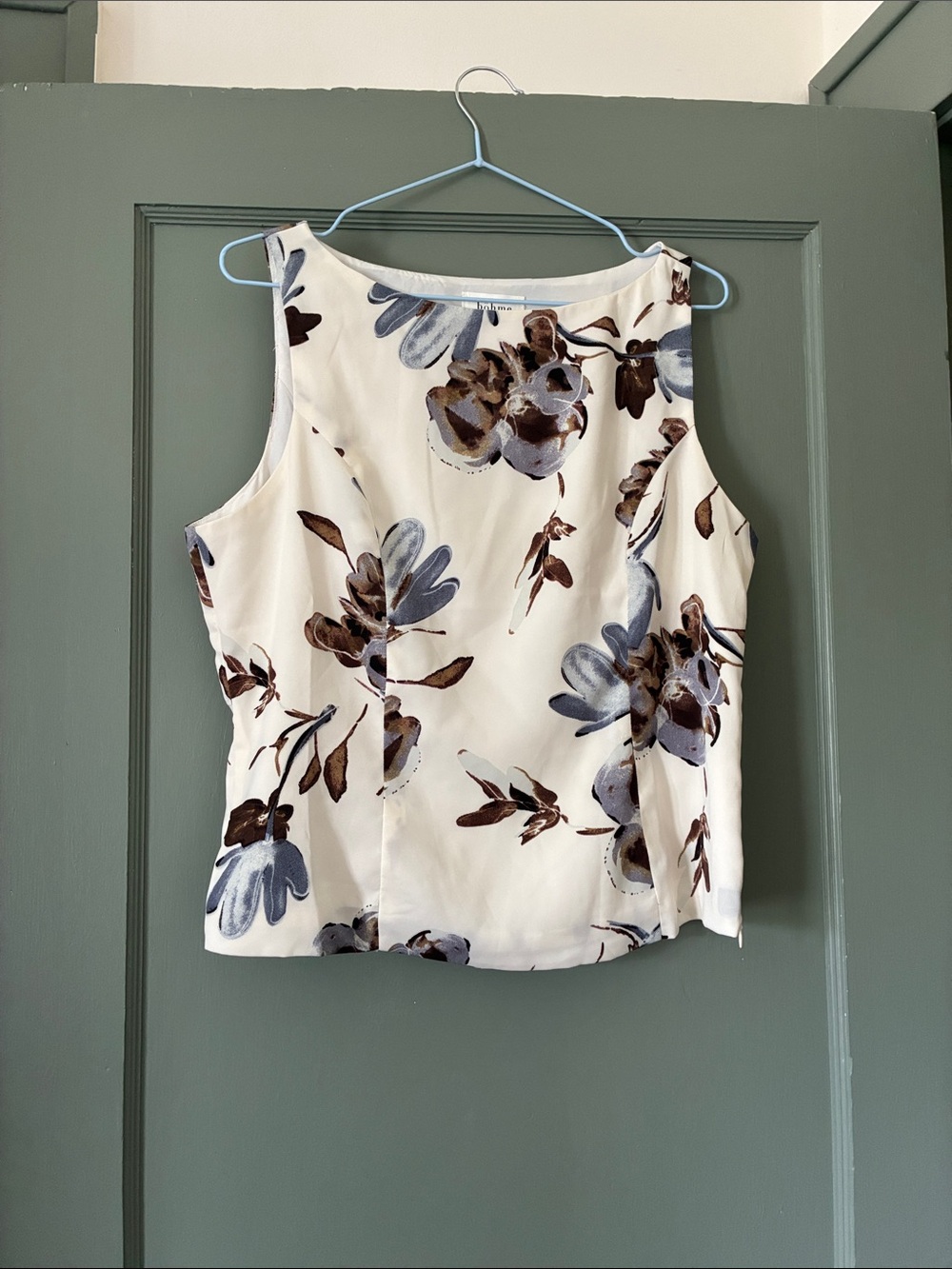 bohme Cream Floral Sleeveless Shell with Blue & Brown Blooms
